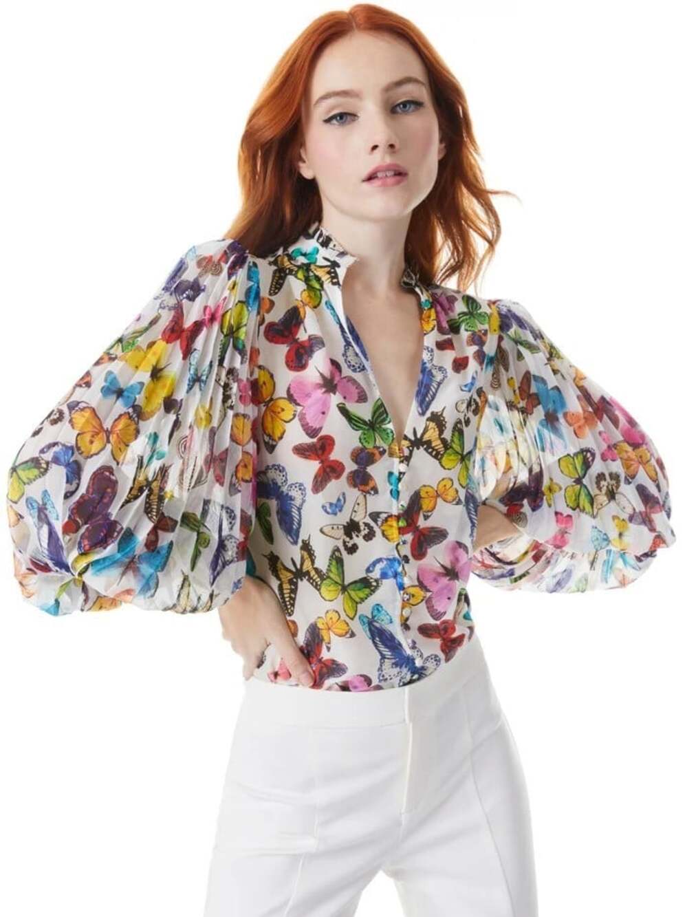 Alice + Olivia Ilan Butterfly High Off White Blouse Extra Large